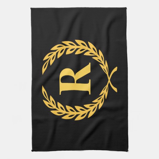 Black and Gold Laurel Wreath Monogram Theedoek (Verticaal)
