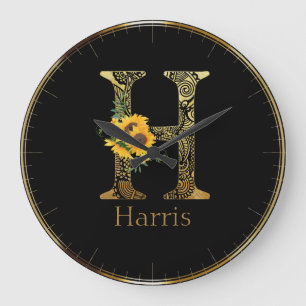 Black and Gold Letter H Sunflower Grote Klok