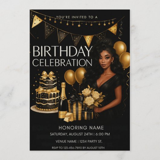 Black and Gold Luxury Birthday Invitation (Devant)