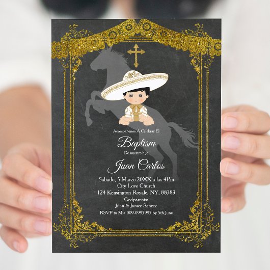 Black and Gold Mexican Baptism Invitation Kaart