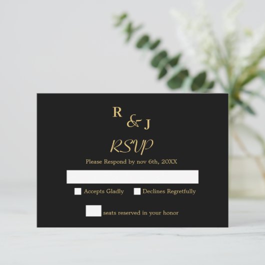 Black and Gold Modern Elegance Wedding RSVP Kaartje (Staand voorkant)