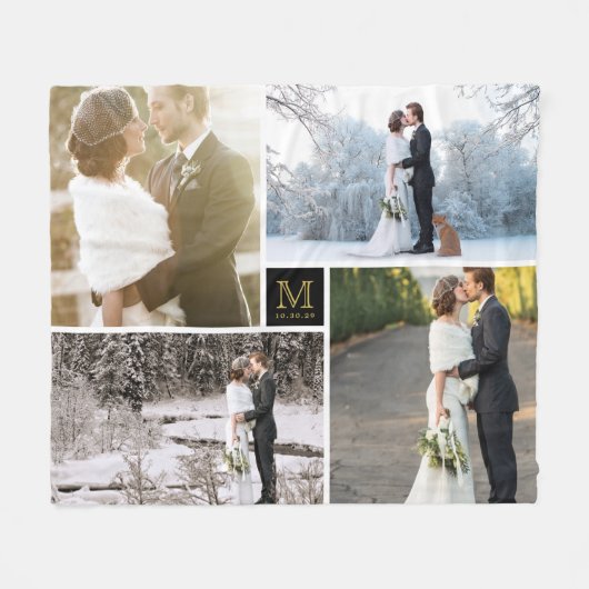 Black and Gold Monogram 4 Foto Collage Wedding Fleece Deken (Voorkant (Horizontaal))