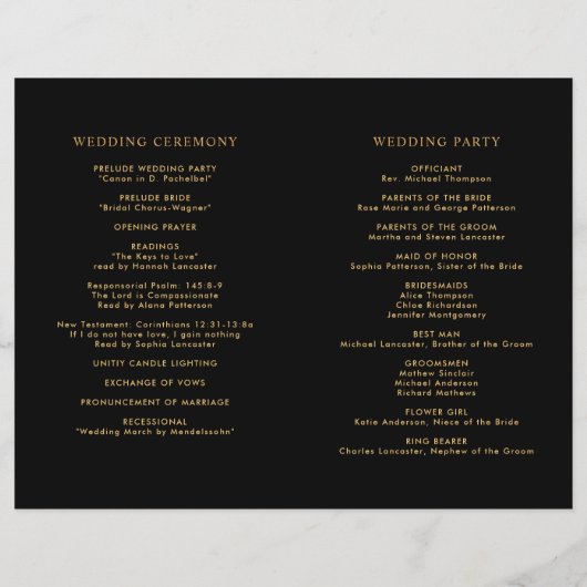 Black and Gold Monogram Wedding Folded Program (Achterkant)