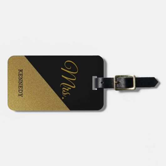 Black and Gold Mrs. Bride Pas getrouwd Bagagelabel (Voorkant horizontaal)