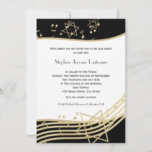 Black and Gold Music Bar Mitzvah Uitnodiging (Voorkant)