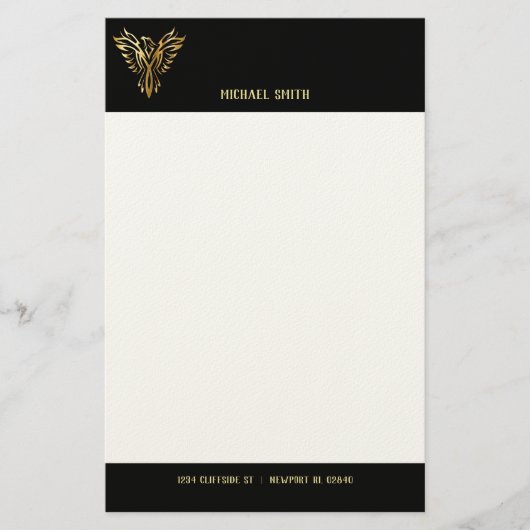 Black and Gold Phoenix Bird Personal Letterhead Briefpapier (Voorkant)