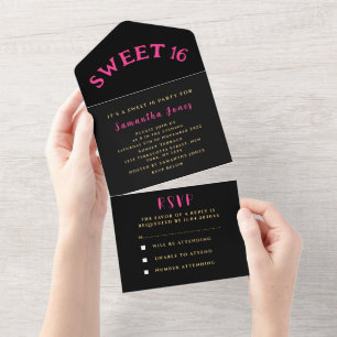 Black and Gold Pink Sweet 16 Zestien All In One Uitnodiging