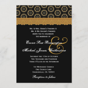Black and Gold Retro Circles Monogram Wedding A08 Kaart