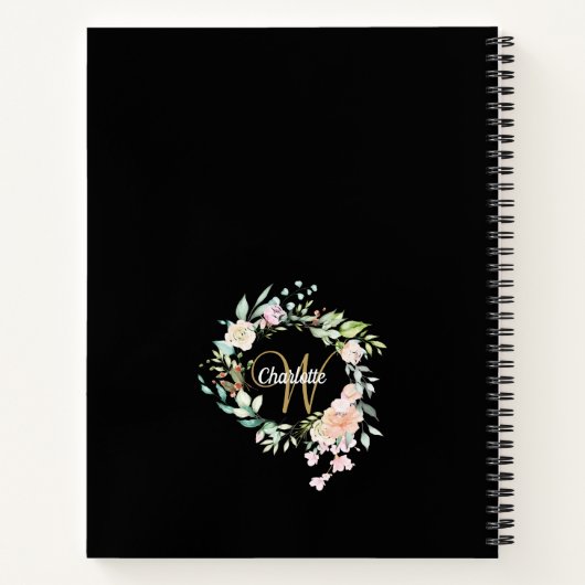 Black and Gold Rozen Floral Monogram Girly Script Notitieboek (Achterkant)