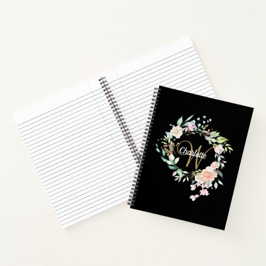 Black and Gold Rozen Floral Monogram Girly Script Notitieboek (Binnen)