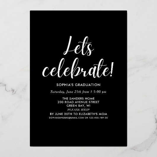 Black and Gold Script 4 photos Graduated Folie Uitnodiging (Achterkant)