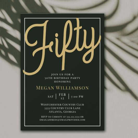 Black and Gold Script 50th Birthday Invitation Kaart