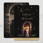 Black and Gold Script Modern Moody Whimsigoth Save The Date (Voorkant / Achterkant)