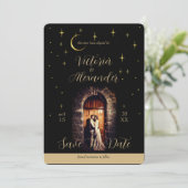 Black and Gold Script Modern Moody Whimsigoth Save The Date (Staand voorkant)