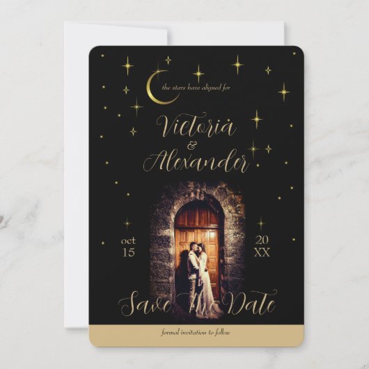 Black and Gold Script Modern Moody Whimsigoth Save The Date (Voorkant)