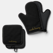 Black and Gold Script  | Stylish Monogram Modern Ovenwant & Pannenlap Set (Voorkant / Achterkant)