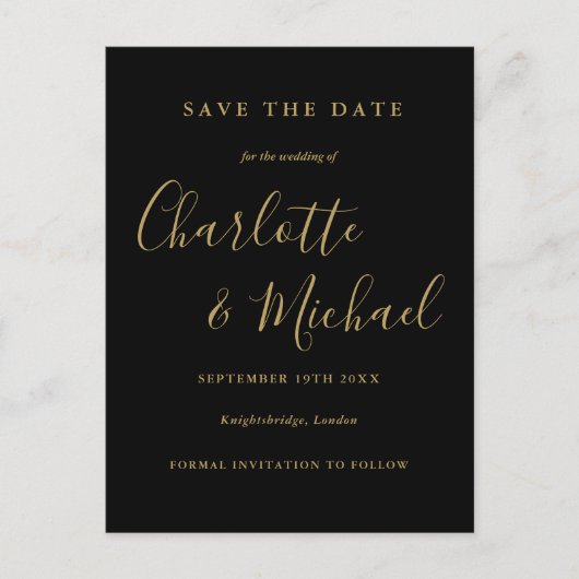 Black and Gold Script Weddenschap Save the Date Ca Briefkaart (Voorkant)