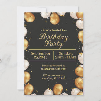 Black and Gold Simple Birthday Party card Kaart