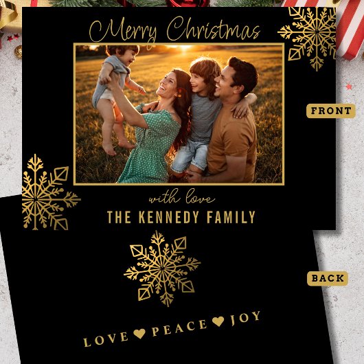 Black And Gold Snowflake Merry Christmas Photo Feestdagenkaart