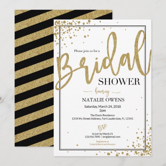Black and Gold Sparkle Bridal Shower Uitnodiging (Voorkant / Achterkant)