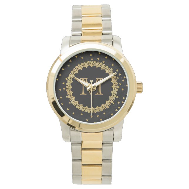 Black and Gold Sparkle Monogram Horloge (Voorkant)