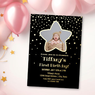Black and Gold Stars Baby First Birthday Foto Folie Uitnodiging