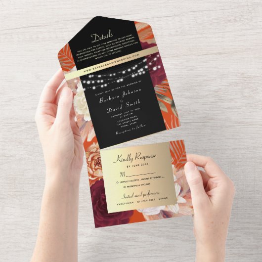Black and Gold String Lights Wedding All In One Uitnodiging (Afscheurbaar)