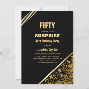 Black and Gold Surprise 50th Birthday Party Kaart