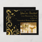 Black and Gold Swirl, Custom Jubileum Party Kaart (Voorkant / Achterkant)