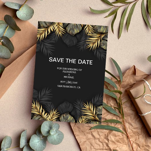 Black and Gold Tropical Destination Wedding Save The Date