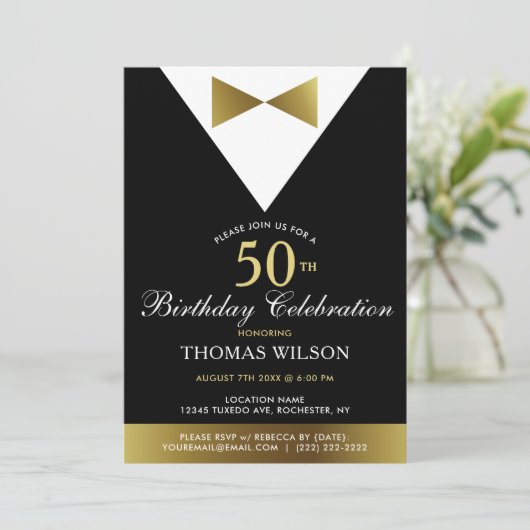 Black and Gold Tuxedo | 50e verjaardag van uitnodi Kaart (Staand voorkant)