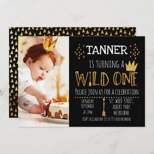Black and Gold Wild Foto 1st Birthday Invitation Kaart