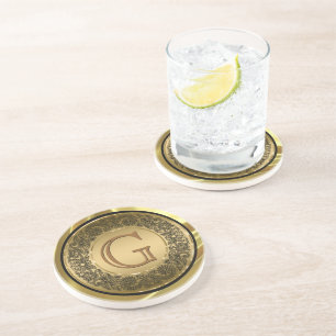 Black and GoldCircle Floral Design Monogramed Zandsteen Onderzetter