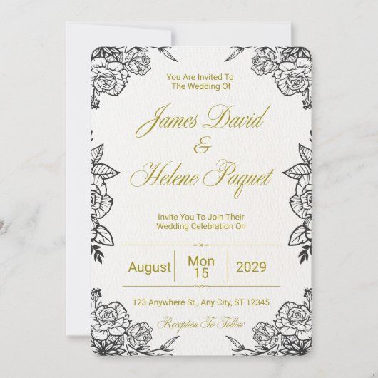 Black and Golden Floral Wedding Invitation Card (Devant)