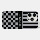 Black and Gray Checkered Striped Personalized Case-Mate iPhone Case (Achterkant (horizontaal))