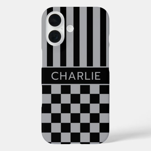 Black and Gray Checkered Striped Personalized Case-Mate iPhone Case (Achterkant)