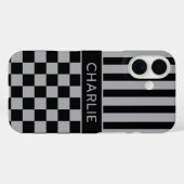 Black and Gray Checkered Striped Personalized Case-Mate iPhone Case (Achterkant (horizontaal))