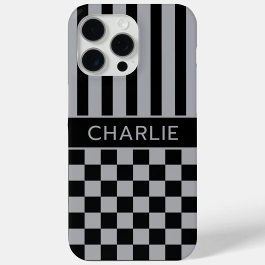 Black and Gray Checkered Striped Personalized Case-Mate iPhone Case (Achterkant)