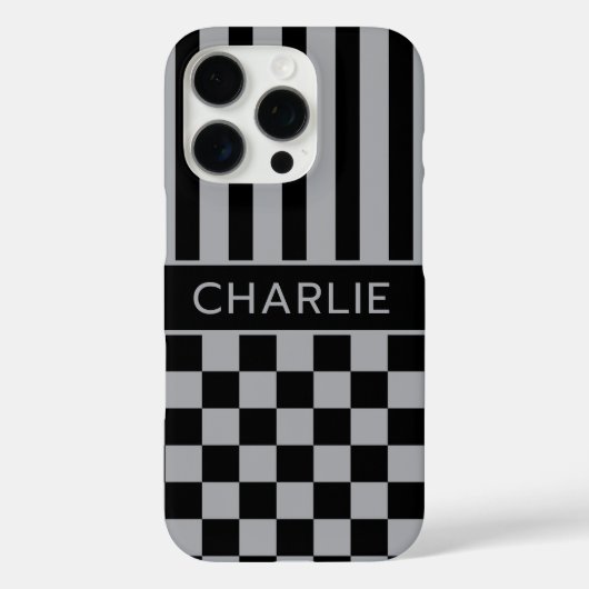 Black and Gray Checkered Striped Personalized Case-Mate iPhone Case (Achterkant)
