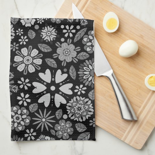 Black And Gray Retro Floral Art Seamless Pattern Theedoek (Quarter Fold)