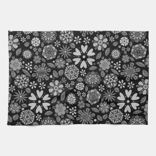 Black And Gray Retro Floral Art Seamless Pattern Theedoek (Horizontaal)