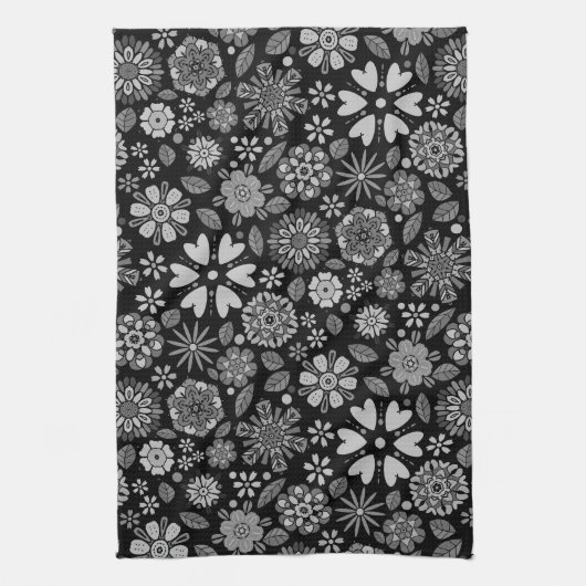 Black And Gray Retro Floral Art Seamless Pattern Theedoek (Verticaal)