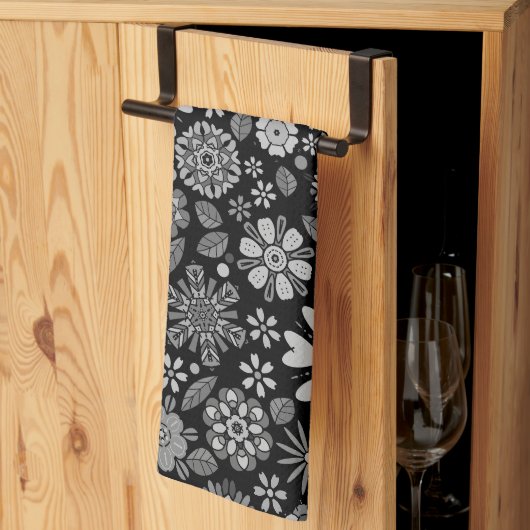 Black And Gray Retro Floral Art Seamless Pattern Theedoek (Derde Gevouwen)