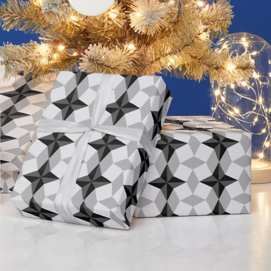 Black and Grey Starbust and Rhombus Pattern Cadeaupapier (Feestdagen)