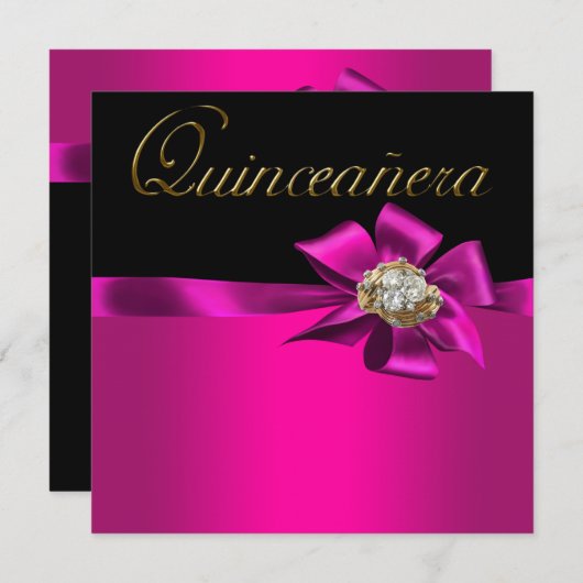 Black and Hot Pink Fuchsia Quinceanera Uitnodiging (Voorkant / Achterkant)