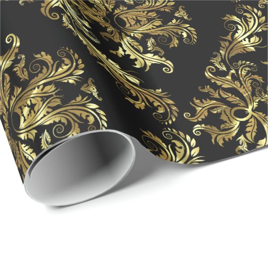 Black and Metallic Gold Floral Damascus 2 Patroon Cadeaupapier (Rol Hoek)