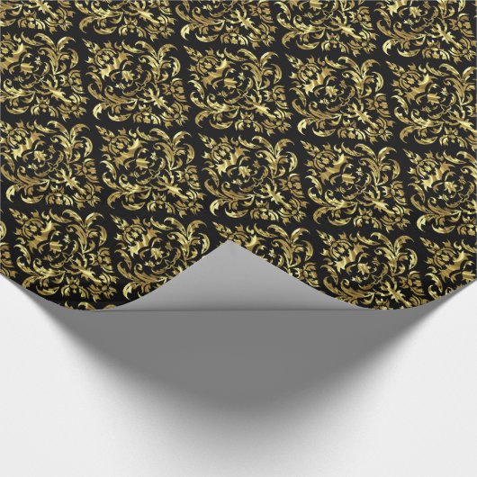 Black and Metallic Shiny Gold Floral Damaskers Cadeaupapier (Hoek)