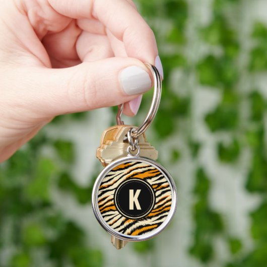 Black and Orange Tiger Pattern Monogram Sleutelhanger (Hand)