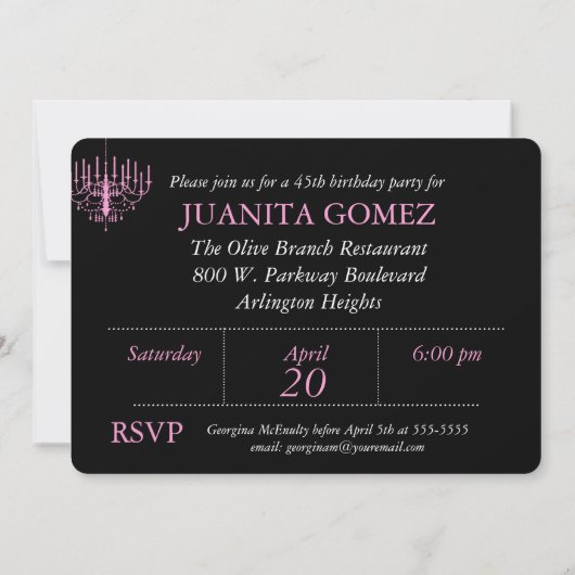 Black and Pink Chandelier Elegant Birthday Invite Kaart (Achterkant)