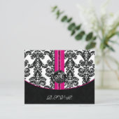 Black and Pink Damask Wedding RSVP Kaartje (Staand voorkant)